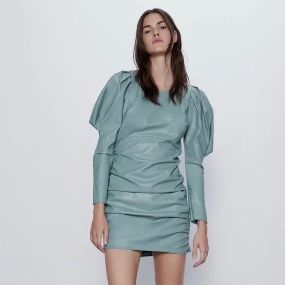 Zara faux leather light blue, ballon sleeve, ruched dress (S)